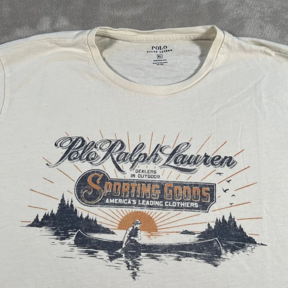 Polo Ralph Lauren Sporting Goods T-Shirt Men's XL Cream Custom Fit Graphic Tee